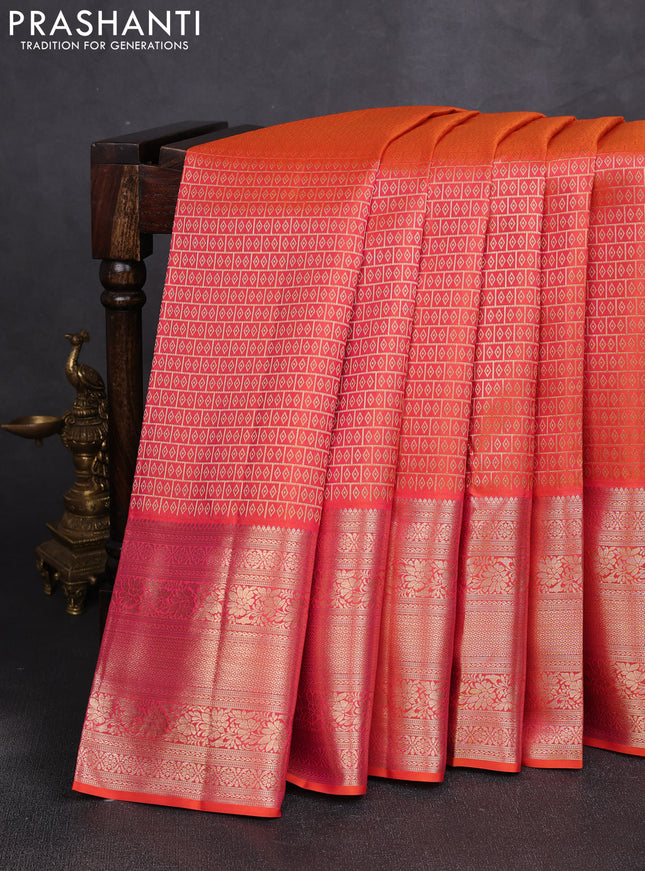 Pure kanchipuram silk saree orange with allover zari woven brocade weaves and zari woven border