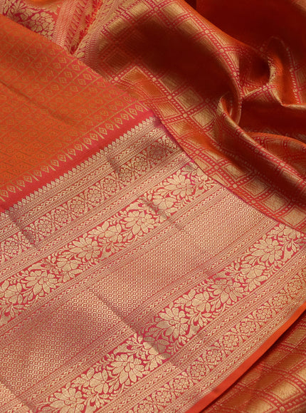 Pure kanchipuram silk saree orange with allover zari woven brocade weaves and zari woven border