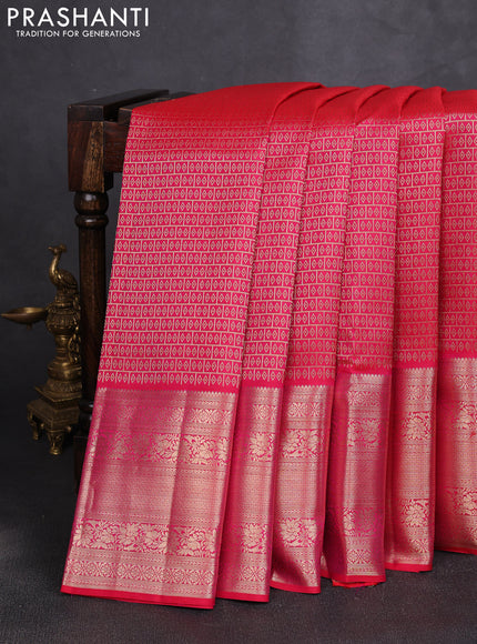 Pure kanchipuram silk saree tomato pink with allover zari woven brocade weaves and zari woven border