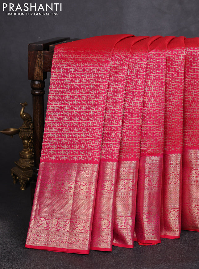 Pure kanchipuram silk saree tomato pink with allover zari woven brocade weaves and zari woven border