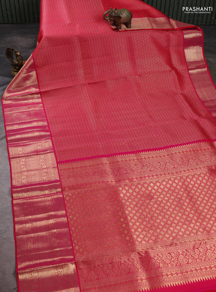 Pure kanchipuram silk saree tomato pink with allover zari woven brocade weaves and zari woven border