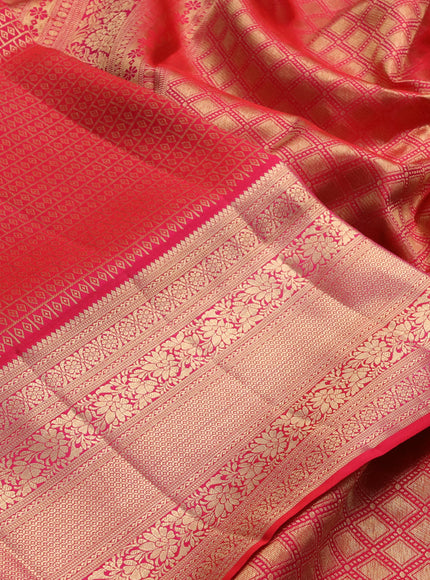 Pure kanchipuram silk saree tomato pink with allover zari woven brocade weaves and zari woven border