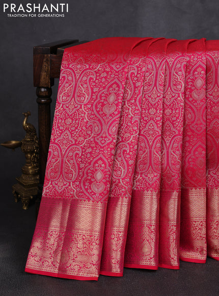 Pure kanchipuram silk saree tomato pink with allover zari woven brocade weaves and zari woven border
