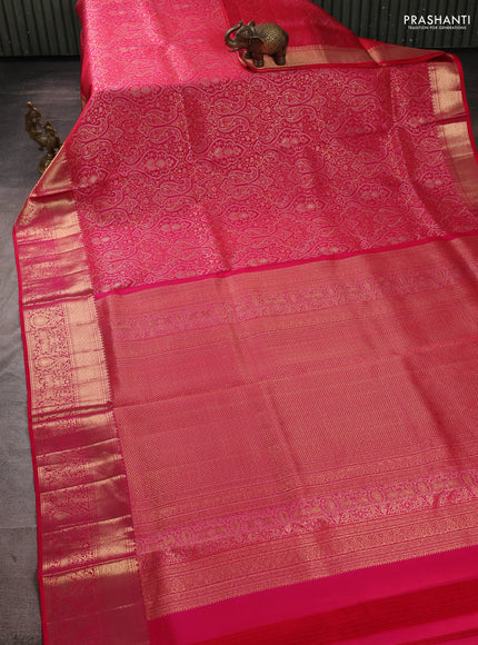 Pure kanchipuram silk saree tomato pink with allover zari woven brocade weaves and zari woven border