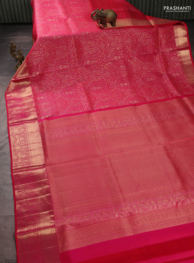 Pure kanchipuram silk saree tomato pink with allover zari woven brocade weaves and zari woven border