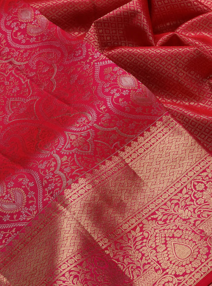Pure kanchipuram silk saree tomato pink with allover zari woven brocade weaves and zari woven border