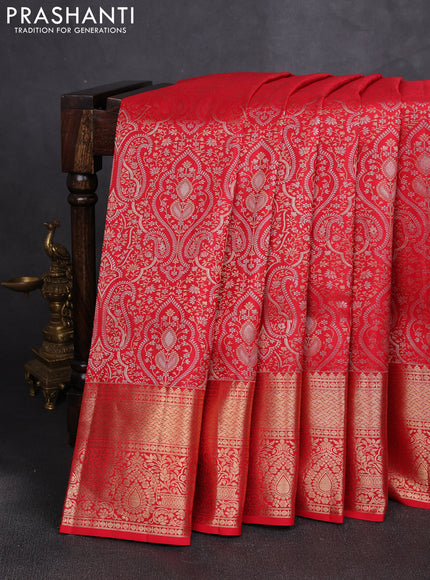 Pure kanchipuram silk saree red with allover zari woven brocade weaves and long rich zari woven border
