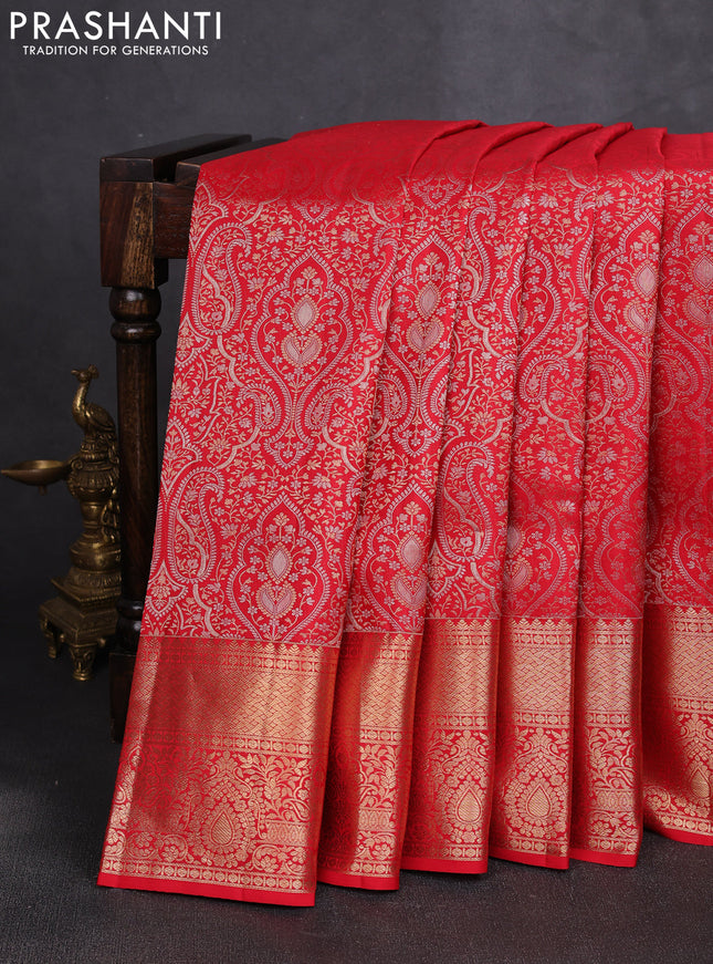 Pure kanchipuram silk saree red with allover zari woven brocade weaves and long rich zari woven border