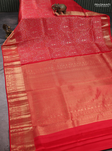 Pure kanchipuram silk saree red with allover zari woven brocade weaves and long rich zari woven border