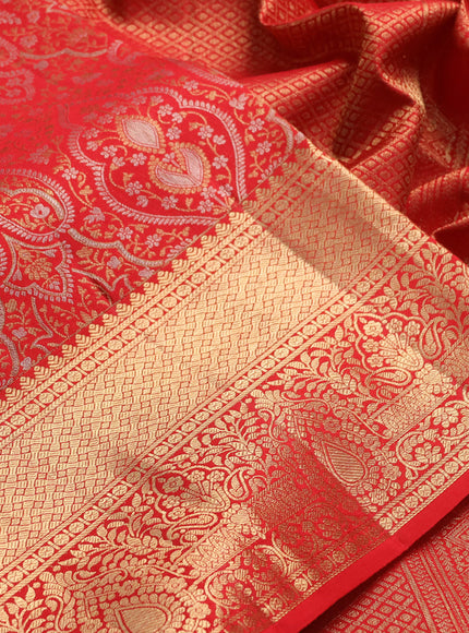 Pure kanchipuram silk saree red with allover zari woven brocade weaves and long rich zari woven border