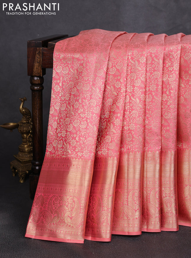 Pure kanchipuram silk saree peach shade with allover zari woven brocade weaves and long rich zari woven border