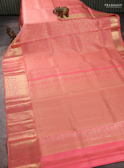 Pure kanchipuram silk saree peach shade with allover zari woven brocade weaves and long rich zari woven border