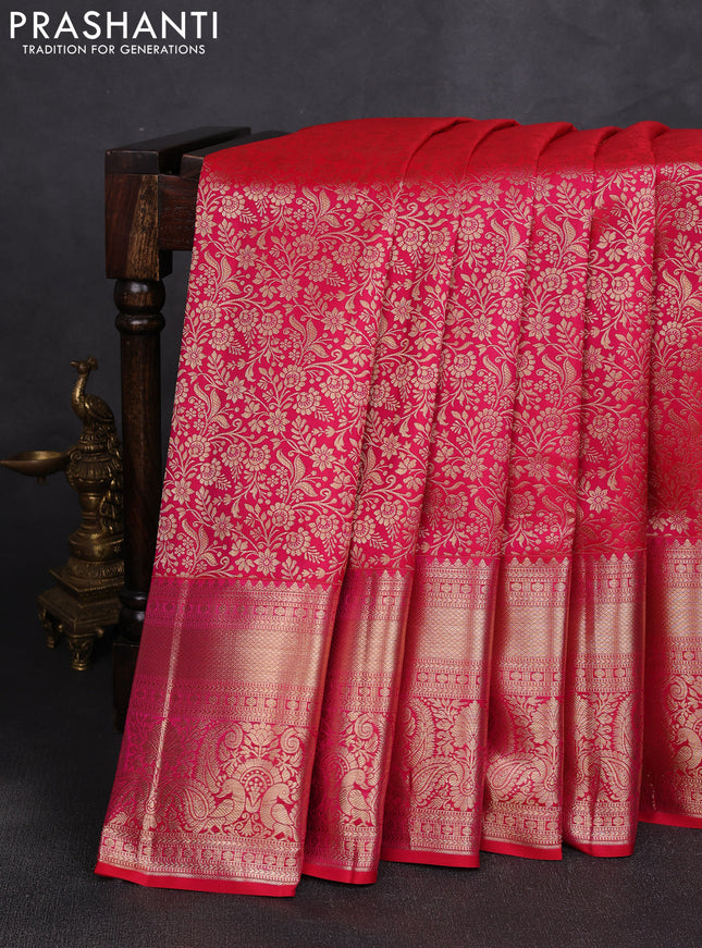Pure kanchipuram silk saree tomato pink with allover zari woven brocade weaves and long rich zari woven border