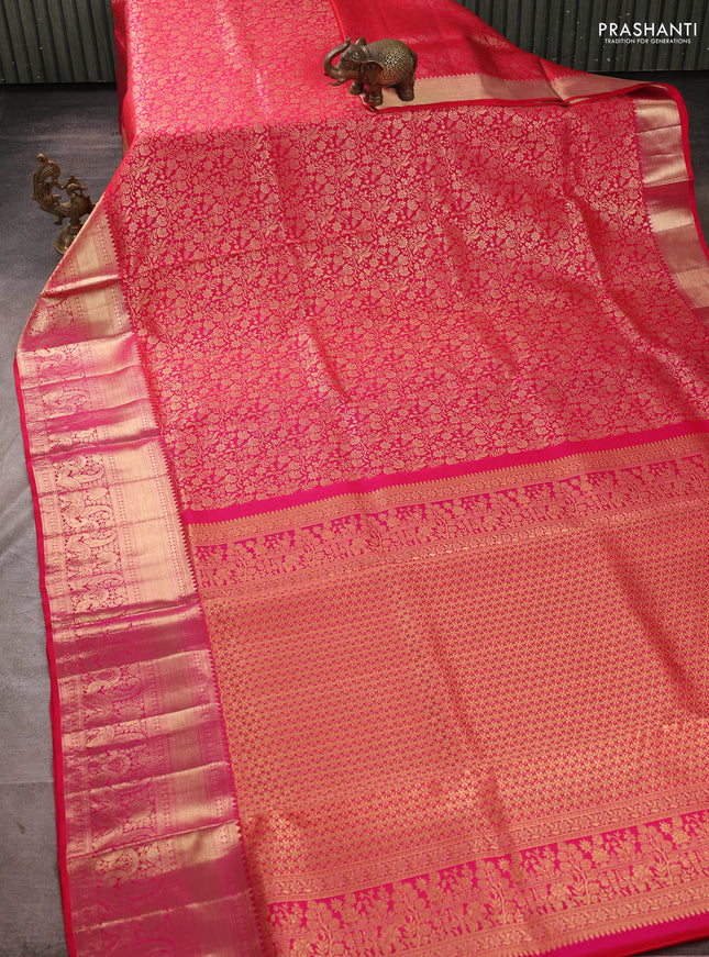 Pure kanchipuram silk saree tomato pink with allover zari woven brocade weaves and long rich zari woven border