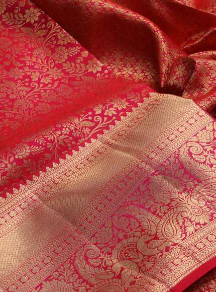 Pure kanchipuram silk saree tomato pink with allover zari woven brocade weaves and long rich zari woven border
