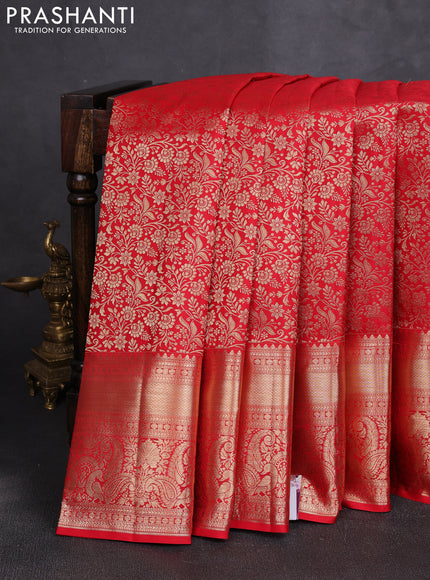 Pure kanchipuram silk saree red with allover zari woven brocade weaves and long rich zari woven border
