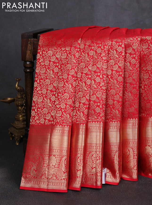 Pure kanchipuram silk saree red with allover zari woven brocade weaves and long rich zari woven border