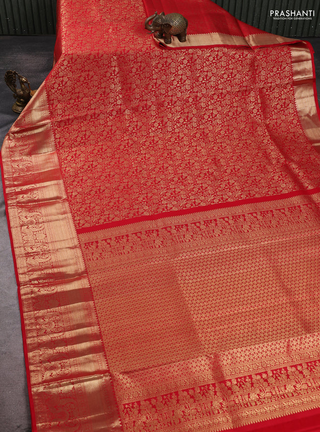 Pure kanchipuram silk saree red with allover zari woven brocade weaves and long rich zari woven border