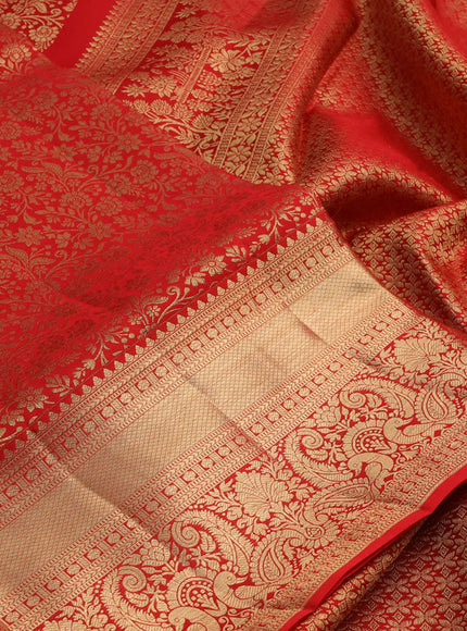 Pure kanchipuram silk saree red with allover zari woven brocade weaves and long rich zari woven border