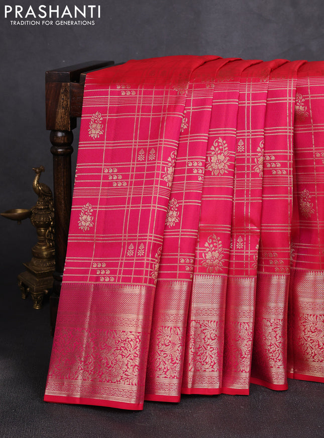 Pure kanchipuram silk saree dual shade of pink with allover zari checks & buttas and long zari woven border
