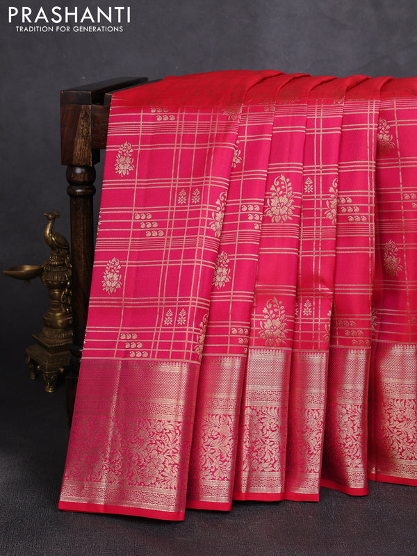 Pure kanchipuram silk saree dual shade of pink with allover zari checks & buttas and long zari woven border