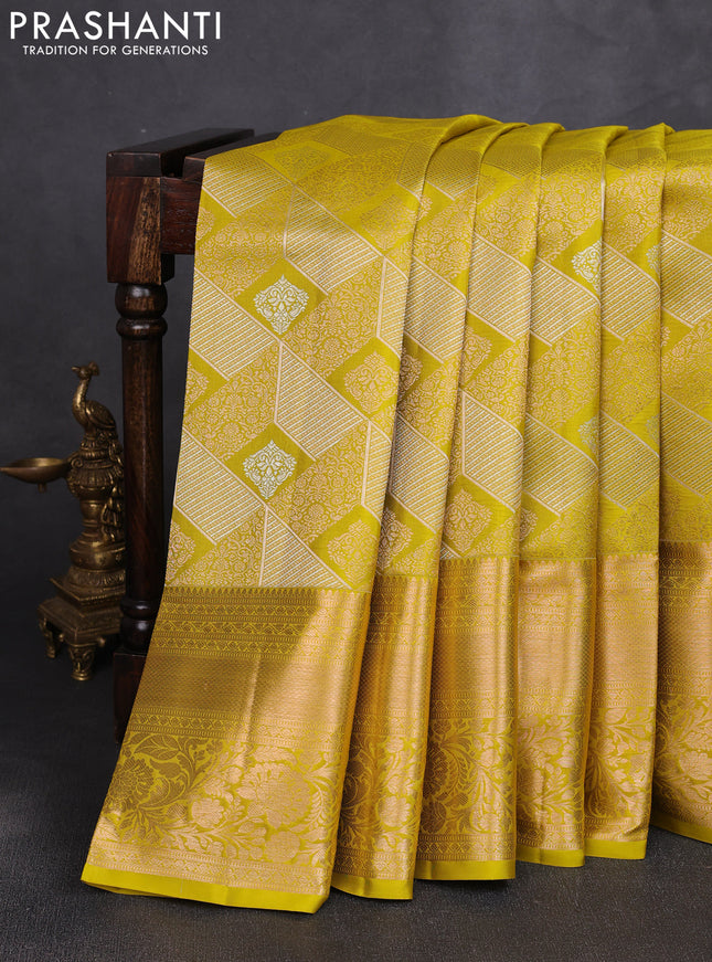 Pure kanchipuram silk saree lime green with allover zari woven brocade weaves and long zari woven border