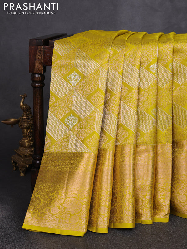 Pure kanchipuram silk saree lime green with allover zari woven brocade weaves and long zari woven border