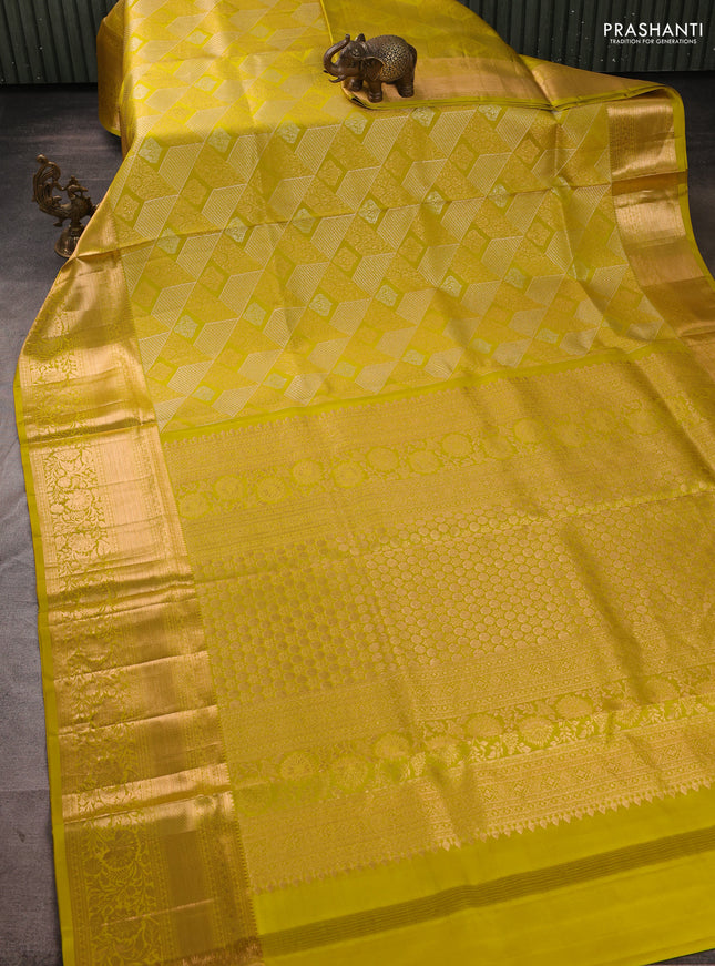 Pure kanchipuram silk saree lime green with allover zari woven brocade weaves and long zari woven border