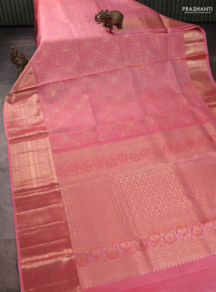 Pure kanchipuram silk saree peach pink with allover zari woven brocade weaves and long zari woven border