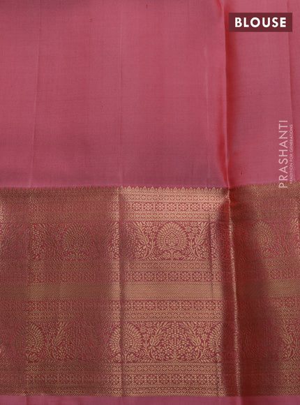 Pure kanchipuram silk saree peach pink with allover zari woven brocade weaves and long zari woven border