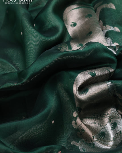 Pure Organza silk saree bottle green with zari woven buttas and zari woven piping border