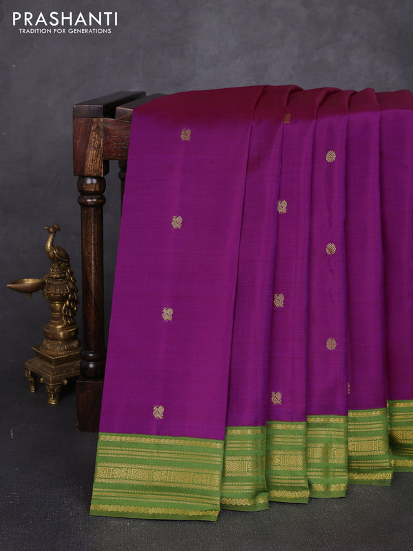 Pure kanchipuram silk saree purple and green with annam & rudhraksha zari woven buttas and zari woven korvai border