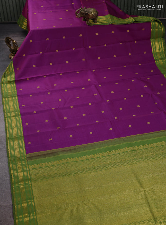 Pure kanchipuram silk saree purple and green with annam & rudhraksha zari woven buttas and zari woven korvai border