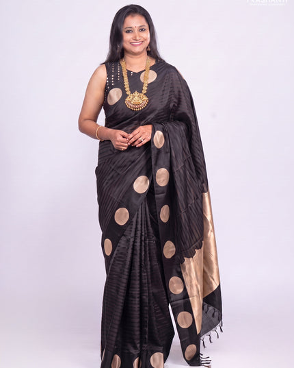 Banarasi silk saree black with allover stripe pattern and zari woven geometric butta border