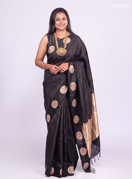 Banarasi silk saree black with allover stripe pattern and zari woven geometric butta border