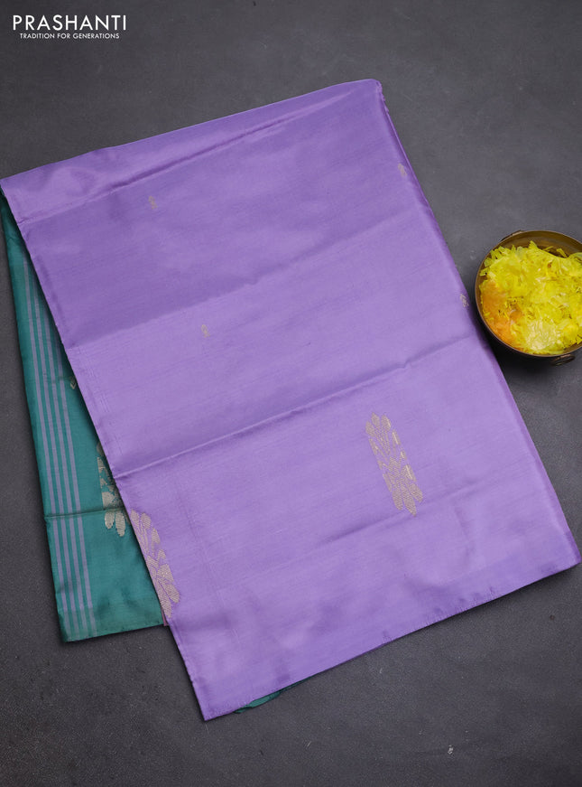 Banana pith saree lavender and teal green with thread woven buttas in borderless style