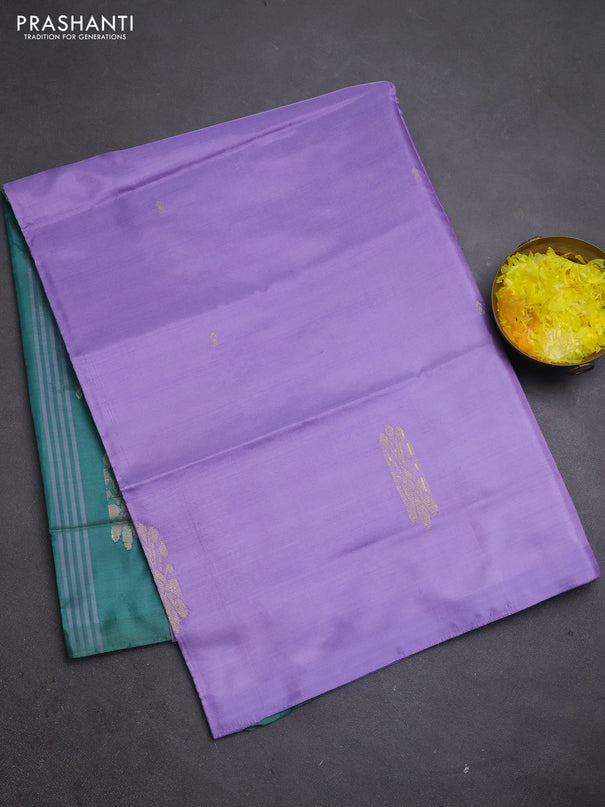 Banana pith saree lavender and teal green with thread woven buttas in borderless style