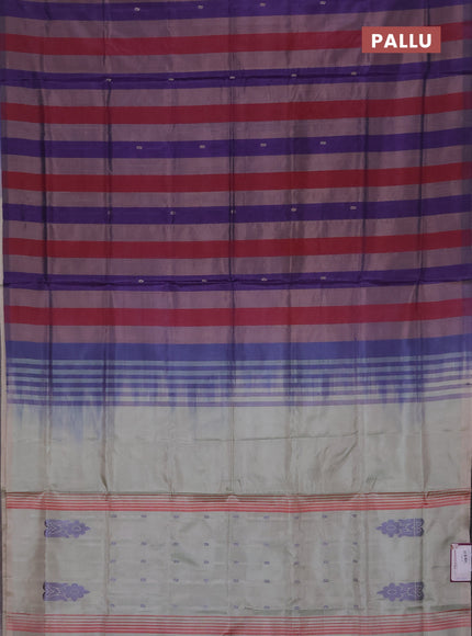 Banana pith saree multi colour and pastel green with allover stripe pattern & thread buttas in borderless style