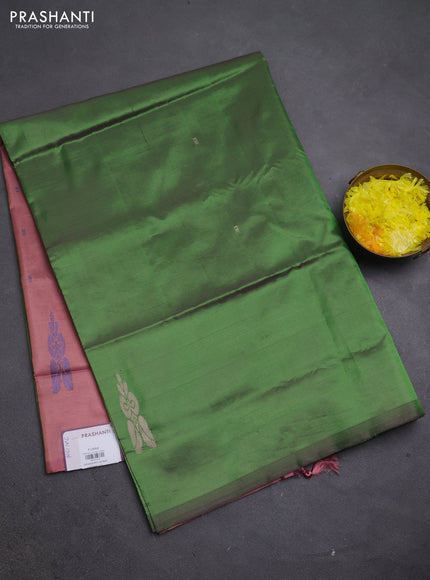 Banana pith saree dual shade of green and mauve pink with thread woven buttas in borderless style