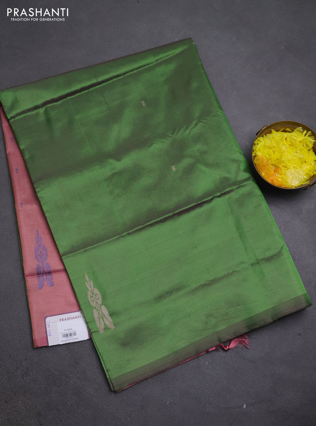 Banana pith saree dual shade of green and mauve pink with thread woven buttas in borderless style