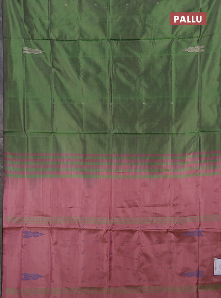 Banana pith saree dual shade of green and mauve pink with thread woven buttas in borderless style