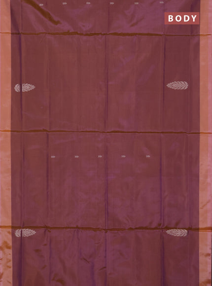Banana pith saree dual shade of peach shade and green with thread woven buttas and simple border