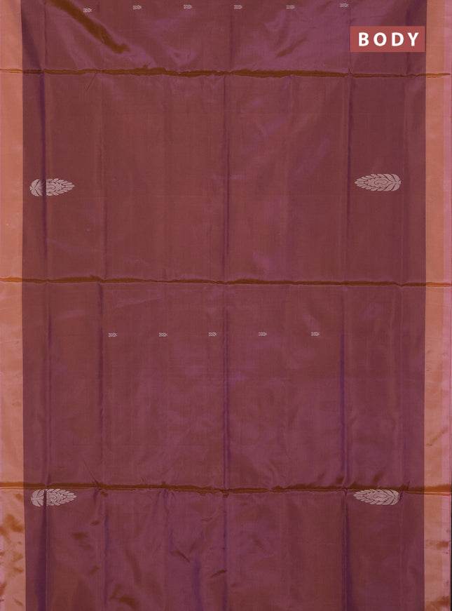 Banana pith saree dual shade of peach shade and green with thread woven buttas and simple border