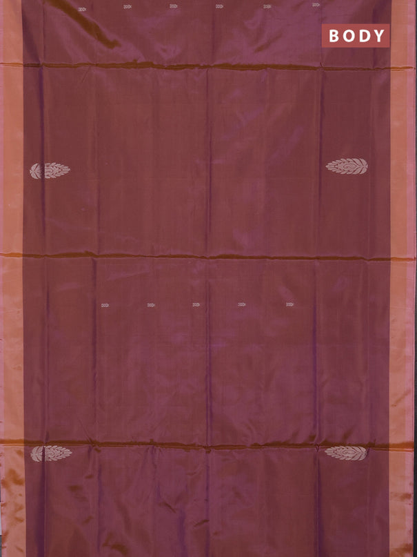 Banana pith saree dual shade of peach shade and green with thread woven buttas and simple border
