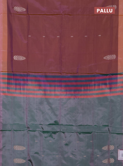 Banana pith saree dual shade of peach shade and green with thread woven buttas and simple border