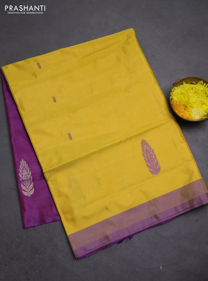 Banana pith saree yellow and violet with thread woven buttas and simple border