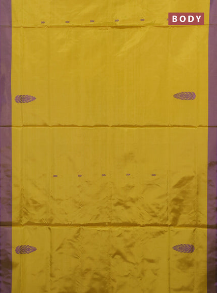 Banana pith saree yellow and violet with thread woven buttas and simple border