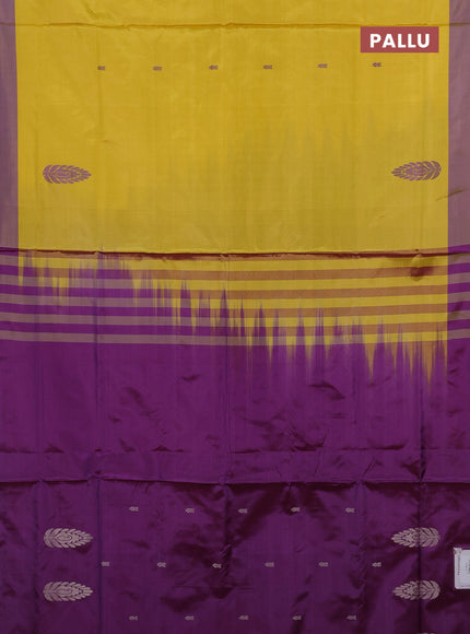 Banana pith saree yellow and violet with thread woven buttas and simple border