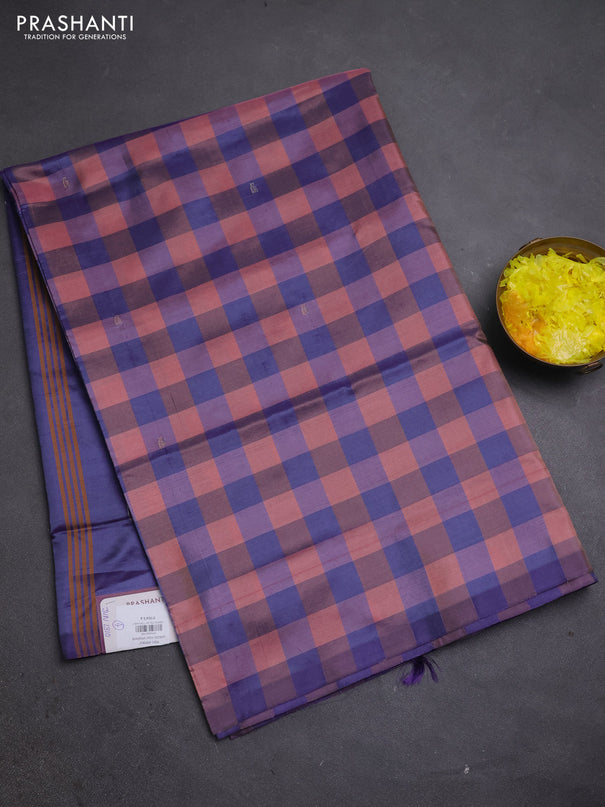 Banana pith saree dual shade of purple and peach shade with allover checks & thread buttas in borderless style