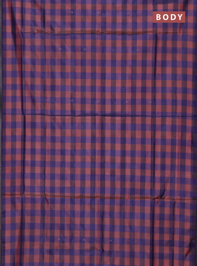 Banana pith saree dual shade of purple and peach shade with allover checks & thread buttas in borderless style